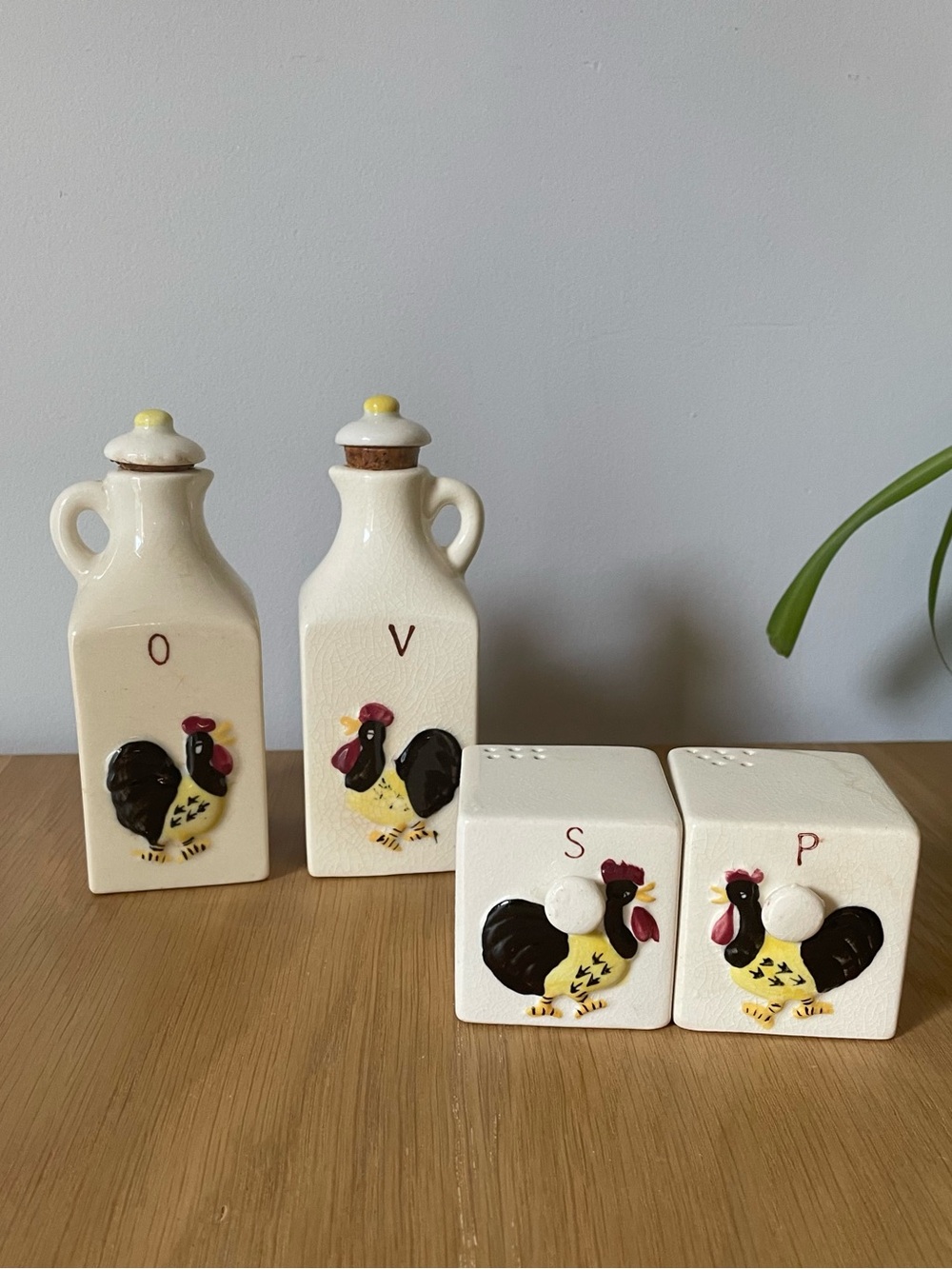Vintage Ceramic Rooster Oil & Vinegar Set with Salt & Pepper Shakers 1950s Japan